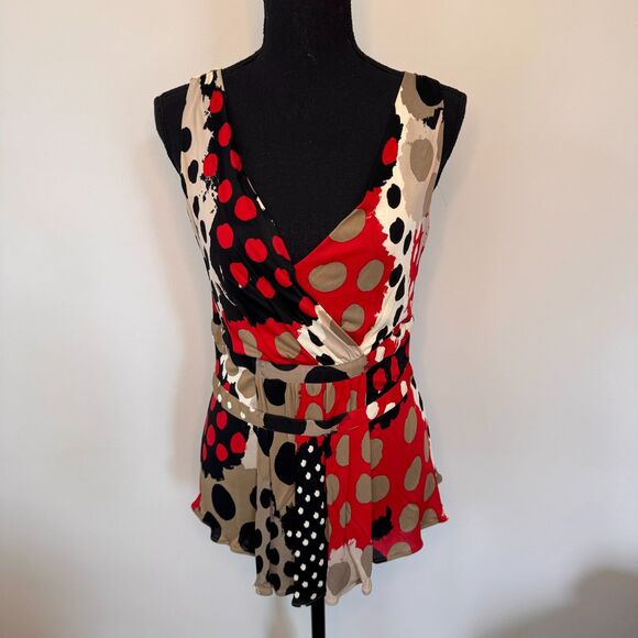 Moschino Tops - Moschino Cheap and Chic Red Black Cream Polka Dot V Neck Sleeveless Top Size 10